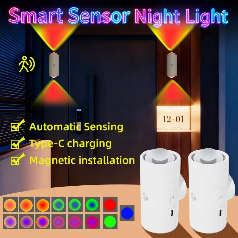 Smart LED Night Light with Motion Sensor, RGB Gradient Dimmable Wall Lamp, USB Rechargeable Indoor Ambient Lighting, Magnetic Step Lamp for Entryway, Bedside, Desk, Operated for Bedroom, Bathroom, Stairs & More,Convenient Plug-Free Charging