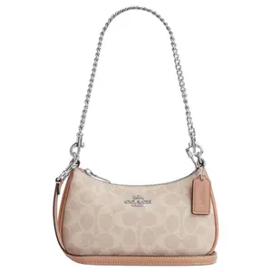COACH Teri 19 Logo Zipper Closure Crossbody Shoulder Bag in Small Size for Women, Featuring Artificial and Recycled Leather in Beige Color Casual Trendy Purses
