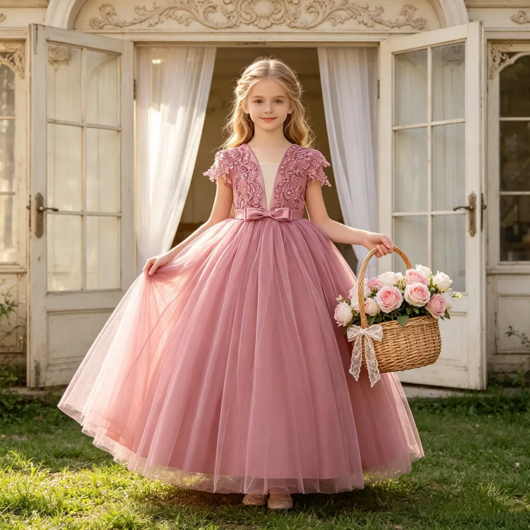695 Girls' dresses princess dresses mesh bow dresses for older children children's piano performance costumes