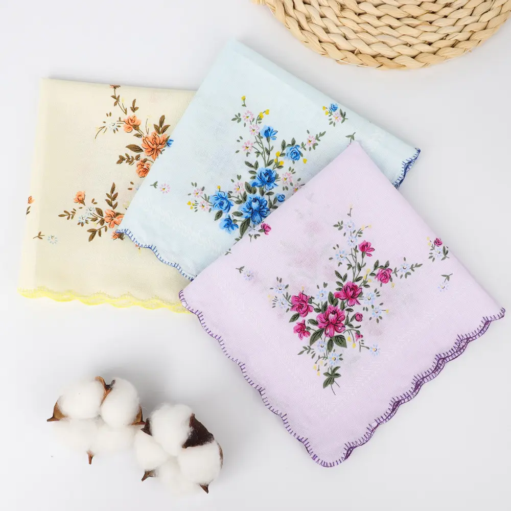 Women's 6Pcs 100% Cotton Handkerchiefs - 11x11 in, Beautiful Floral Design, Embroidered Wavy Edge, Absorbent, Hand Washable, Dainty and Elegant Female Home Improvement Essentials for Graduation, Embroidery