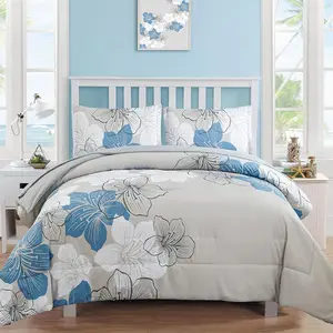 Floral Comforter Set Queen Size, Blue Floral Comforter and Sheet Set, 7 Pieces Bed in a Bag Soft Microfiber Complete Bedding Sets for All Seasons 90"*90"