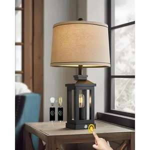 23.75" Retro Farmhouse Black Table Lamp for Living Room Bedroom Nightstand Single Pack Touch Control Bedside Nightlight  Modern Lamp with USB C+A Ports and 2 Light Sources