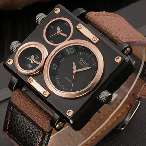 Men's Three Time Zone Sports Watch with Square Black Dial & Rose Golden Accents, Quartz Movement, Faux Leather Strap with Canvas Texture, Multi-Function Chronograph for Casual & Formal Wear, Formal Accessory, Sporty Elegance, Durable Design