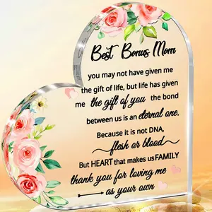 Step Mom Gift Ideas for Bonus Mom, Second Mom Gifts, Step Daughter Stepdaughter Stepson to My Other Mom Gift, Stepmom Gifts Clear Acrylic Heart Paperweight Keepsake for Mother's Day Birthday Decoration Flowers Signs 10*10Cm(1 Count)