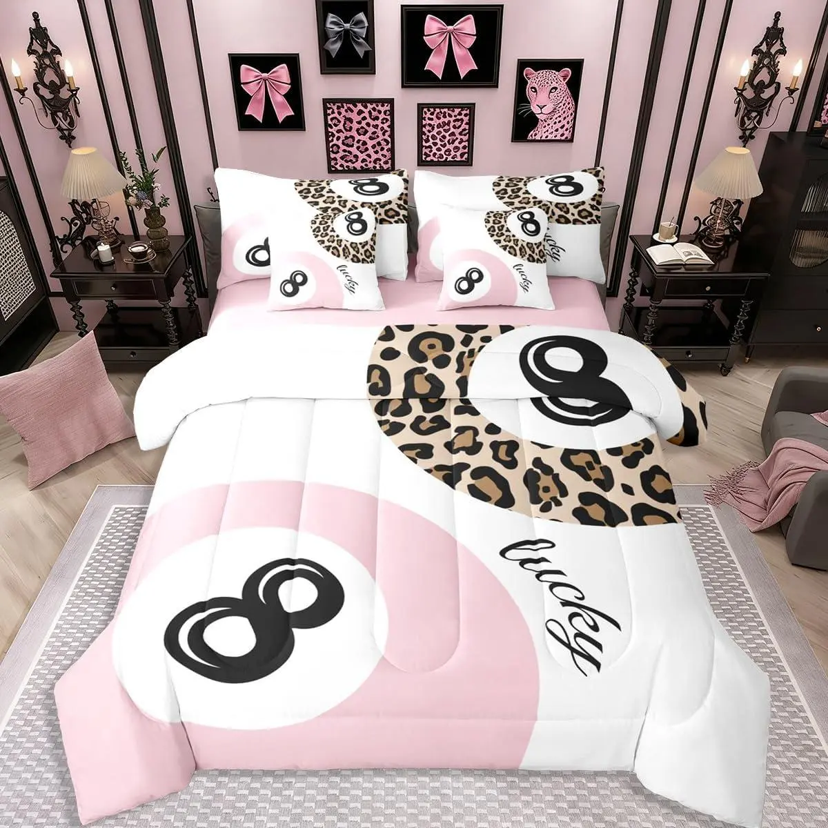 Feelyou 7-Piece Queen Comforter Bed Set - Funky Lucky 8 Ball & Preppy Leopard Print Bedding with Cheetah Comforter and Sheets for Kids, Queen Comforter Set