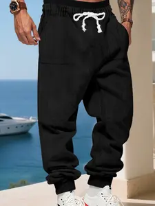 Outdoor men's solid color twisted pattern ankle-length sports pants, Drawstring waist athleisure, loose and casual drawstring elastic waistband, with pockets for practicality, suitable for autumn and winter, comfortable and warm, Drawstring Sweatpants