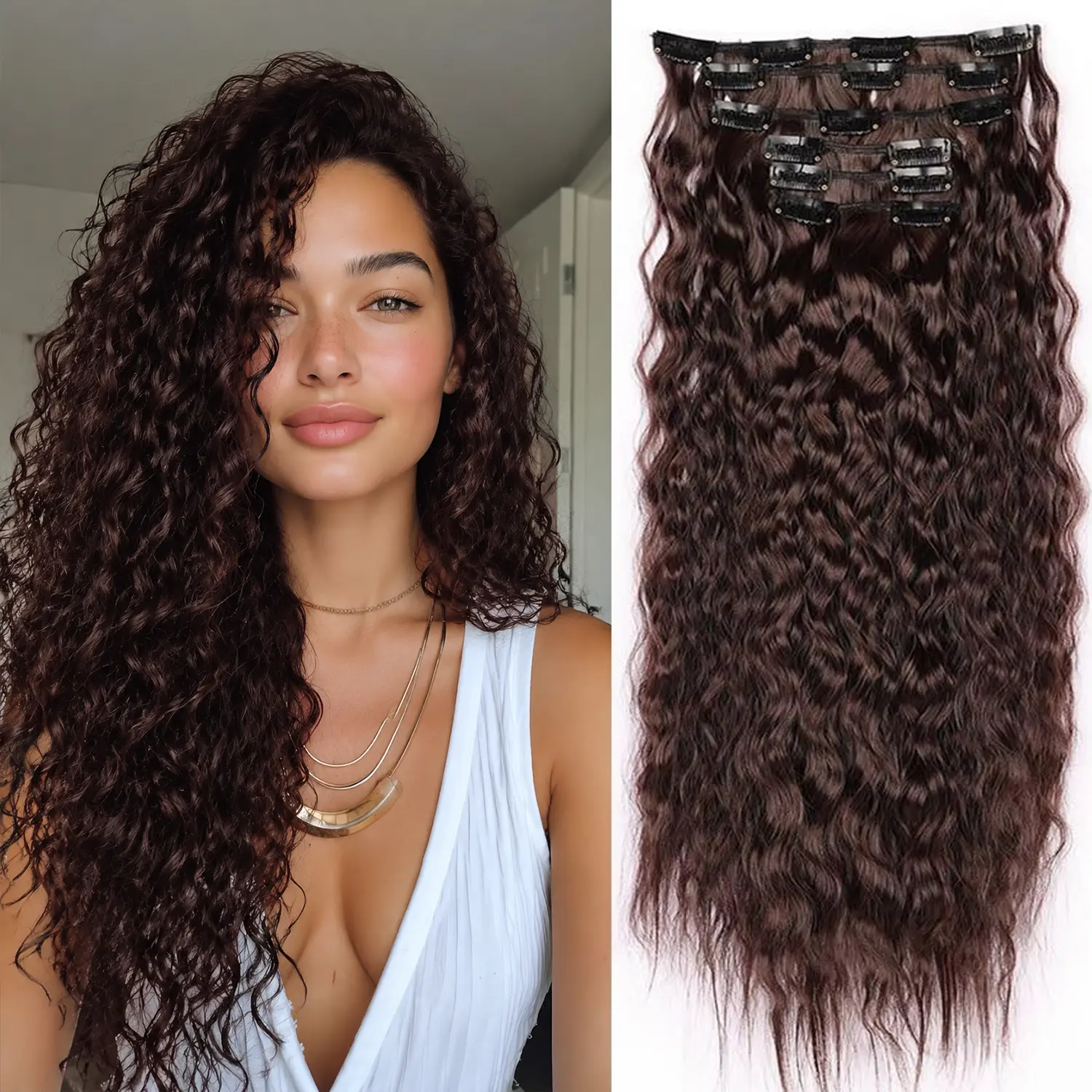 Women's Synthetic Curly Clip-In Hair Extensions, 6 Pcs 24-Inch Water Wave Wavy Hairpieces, Double Lace Weft Extensions Hair for Daily Wear with Natural Look