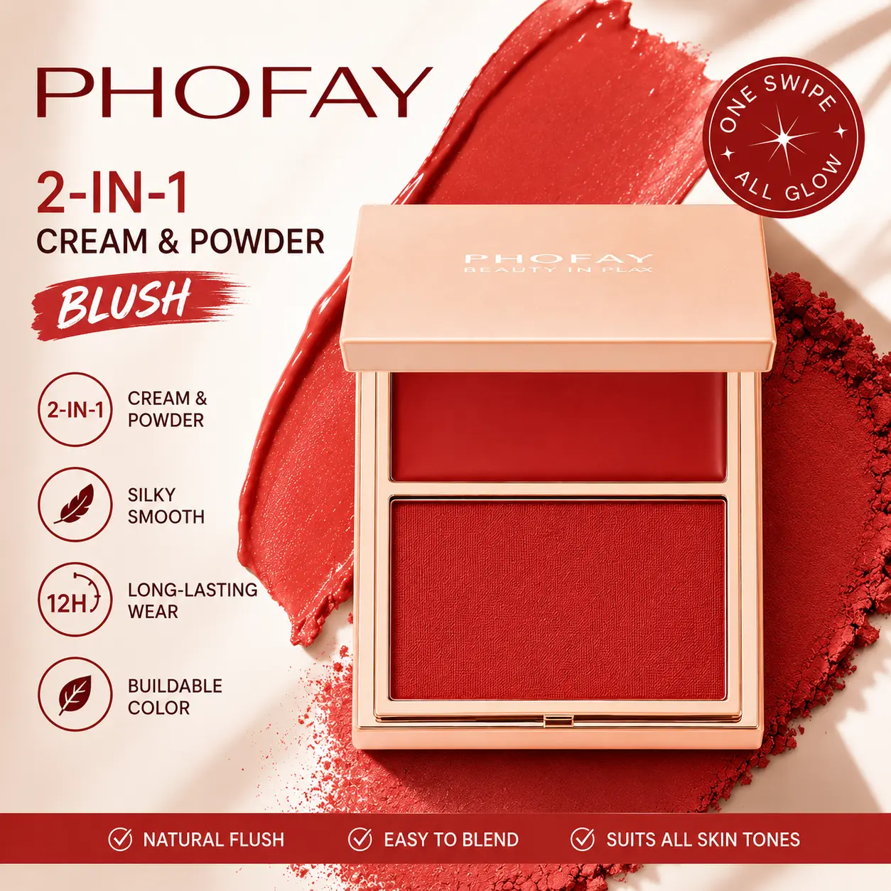 PHOFAY Cream & Powder Blush Duo | 2-in-1 Makeup for a Radiant Shimmer Flush, Buildable & Lightweight Formula for All Skin Tones, Blend, Beauty Products, Universal, Beauty Cosmetics, Sheer, Color Correction