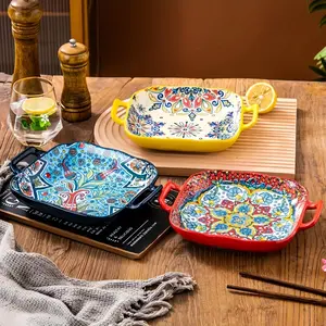 Boho Style Ceramic Baking Dish Set (3 Pieces), Square Shape with Handles, Oven & Microwave Safe, Perfect for Cooking and Baking