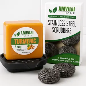 AMVital Bundle – Turmeric Soap, Soap Dish and Stainless Steel Scrubbers