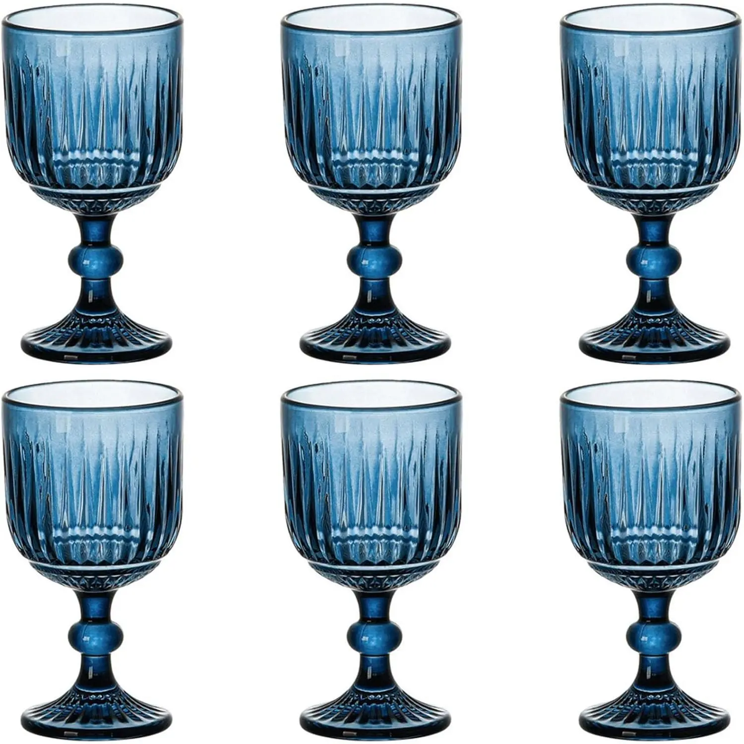 Blue Glasses Drinking  Water Goblets set of 6 Colored Stemware  Glassware 11 ounce for Wedding Party Bar Vertical Embossed  Stemmed Cups 330 ml