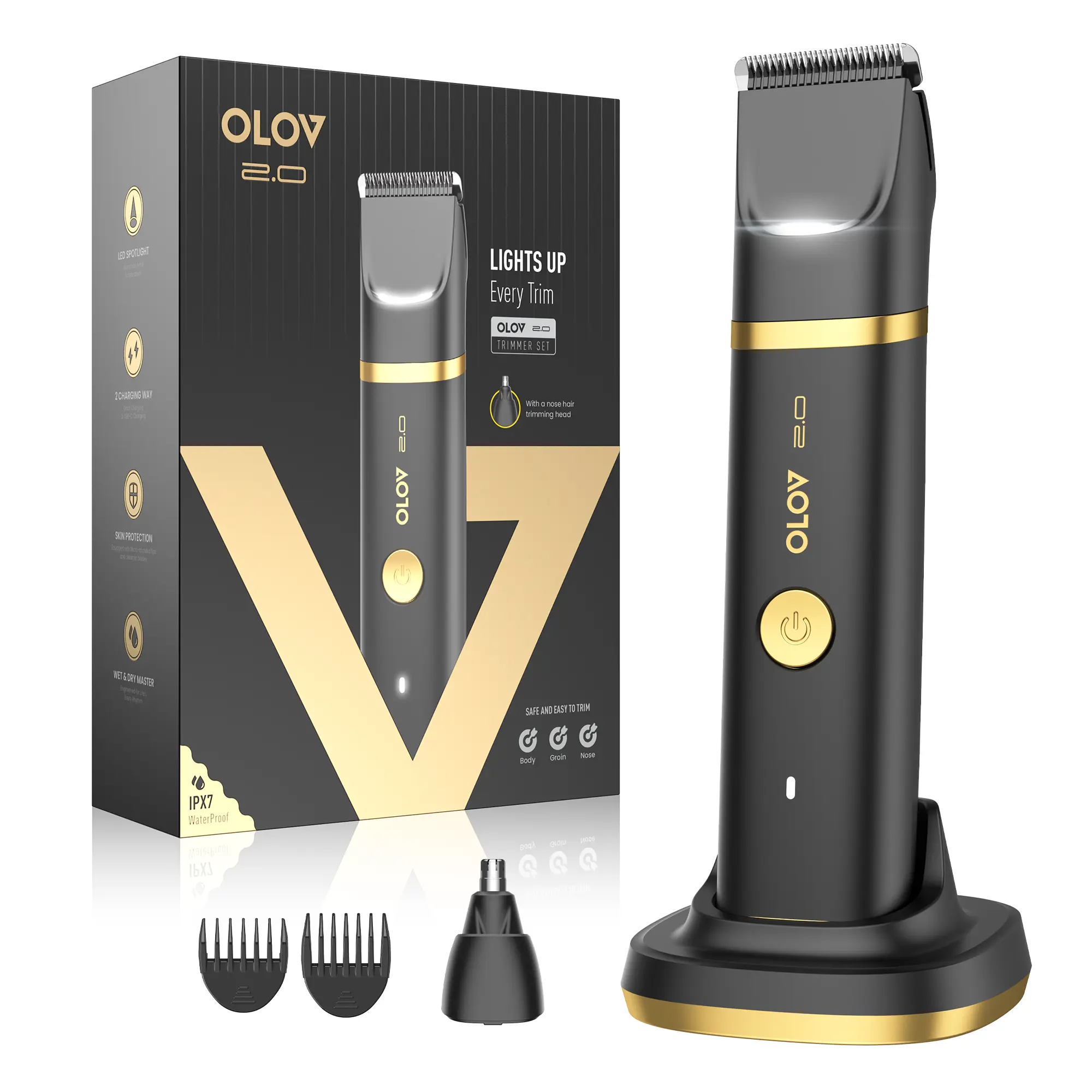 [FathersDayGift] OLOV Groin & Body Hair Trimmer for Men - Electric Shaver for Pubic Hair, Chest, Legs - Ball Pubic Groomer, LED Light, Replaceable Ceramic Blade Heads, USB-C Recharge Dock, Waterproof Hygiene Razor