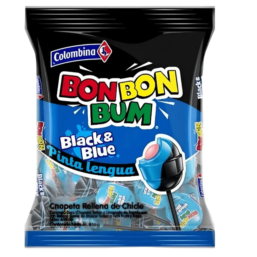 Bon Bon Bum Black & Blue Pinta Lenguas Lollipops – 384g (13.5 oz) Bag – Colombian Bubble Gum Filled Candy – Imported from Colombia