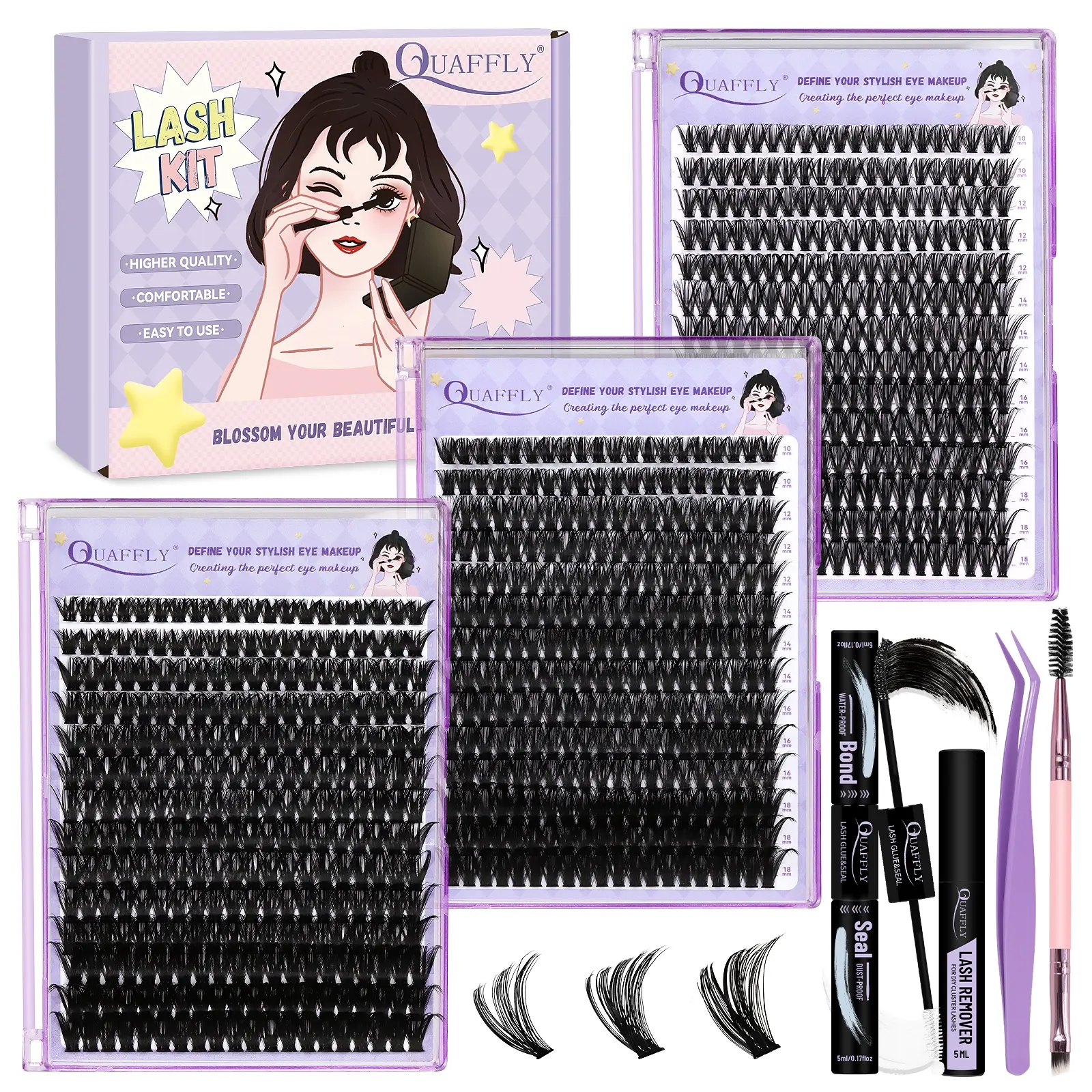 DIY Lash Extension Kit 840Pcs D Curl 3 Styles Lashes Clusters with Lash Bond&Seal Lash Remover Eyelash Extension Tweezers Double-Ended Brush Easy to Use for Beginners( 40/60/80P 10-18mm ) Eyelash Extensions Kit Eyelash Set Eyelashes Extension Kit