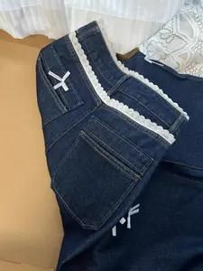 Women Lace Trimmed Denim Pants Contrasting Color Bow Decorations on Straight-leg Pants Dressy Causal Clothes Spring Summer Trendy Outfits