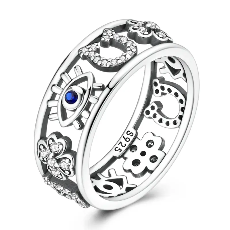 MULA Silver-Plated Lucky Amulet Ring - Adorned with Evil Eye, 4-Leaf Clover, Horseshoe, Cubic Zirconia - Women's Costume Jewelry, Ideal Women's Gift, Jewelry For Women, Gifts For Women summerwins
