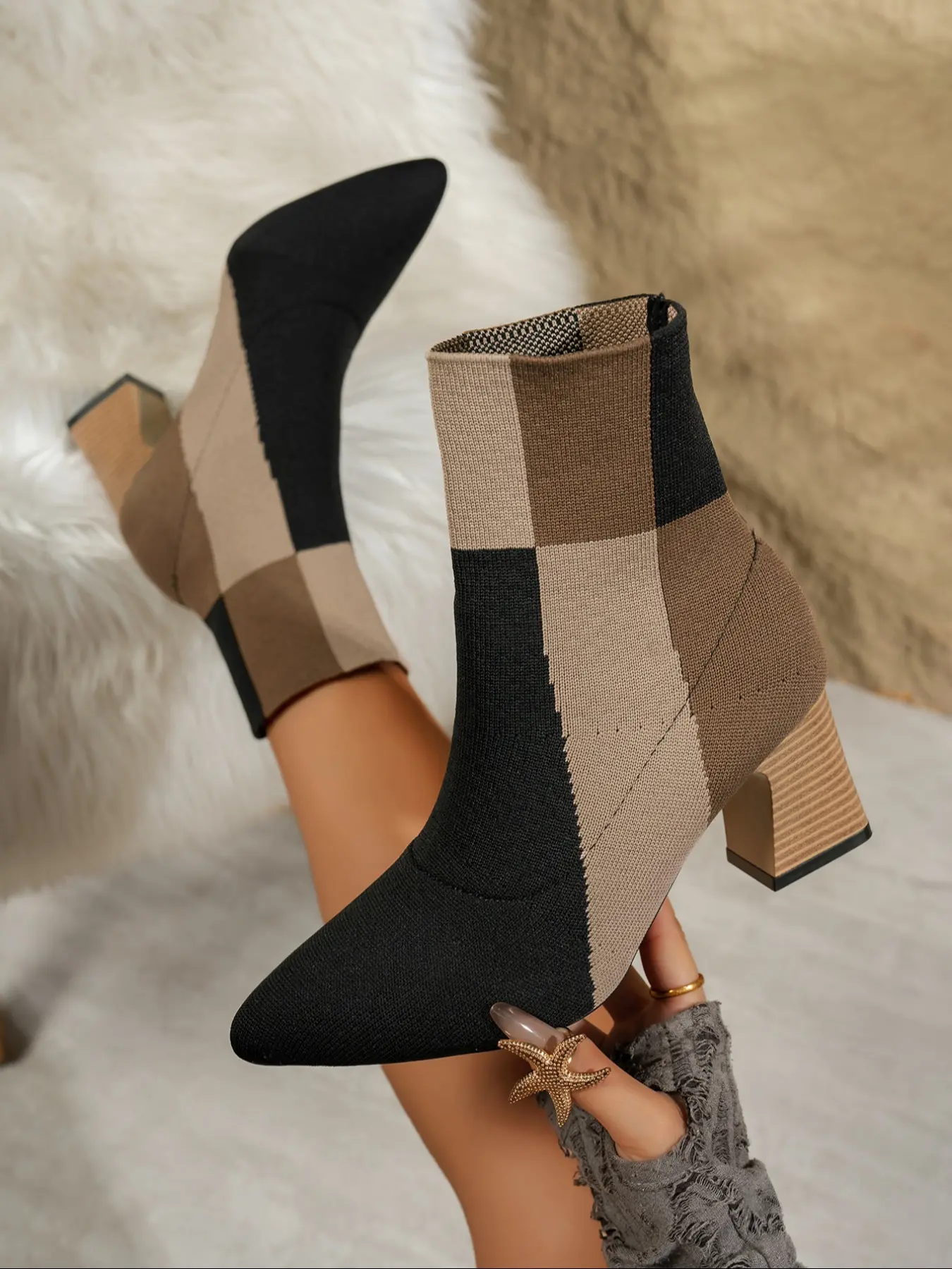 Women's Wood Grain Heel Colorblock Knit Boots, Fall Winter Fashion Korean Pointed Toe Elastic Boots, Office Outdoor Wear, Winter Warm Boots