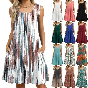 Women's Spring/Summer Loose-Fit Dress with Pockets, Slim-Fit Loose Sleeveless Collarless Beach Dress