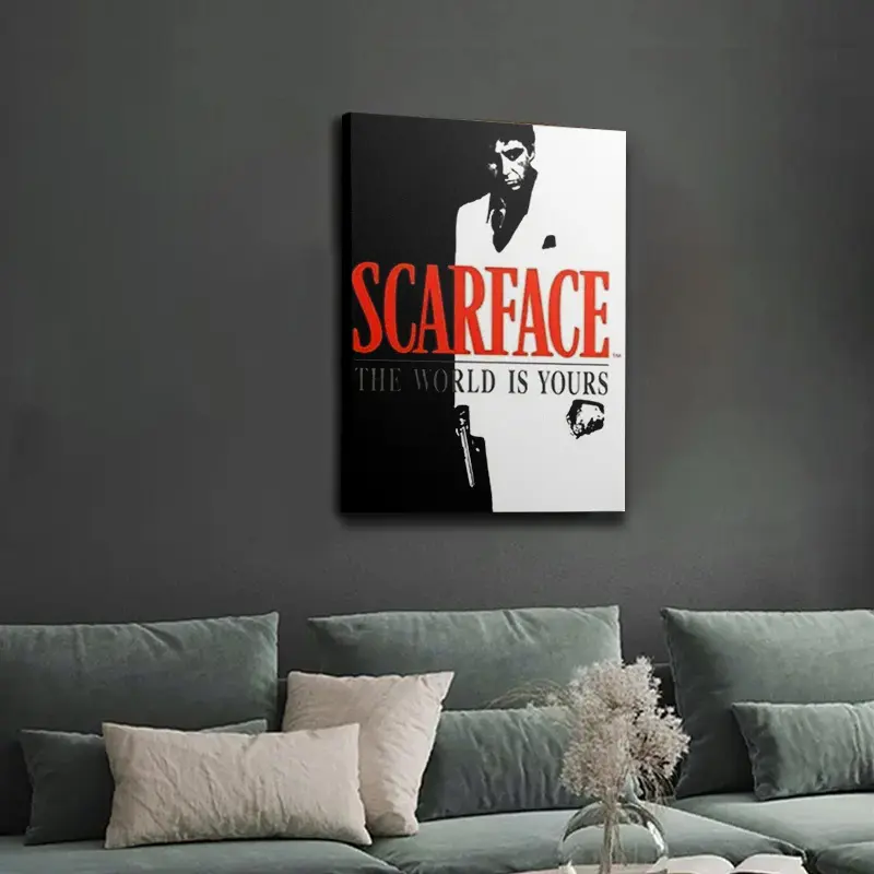 Scarface "The World Is Yours" Framed Canvas Poster - Black & White Classic Movie Quote Wall Art with Pine Wood Frame, Bold Photo Print for Living Room Decor, Kid Room Decorations, Home Decoration Gift, Wardrobe, Balcony