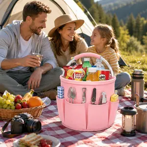 UFORU  Portable Fabric Storage Basket with Handle, Multi-Pocket Organizer Caddy, Foldable Round Storage Basket for Bathroom Toiletries, Cleaning Supplies, Baby Items, Camping, Picnic, Beach, Dorm and Home Storage#SummerWins#dealsforyou#summersale