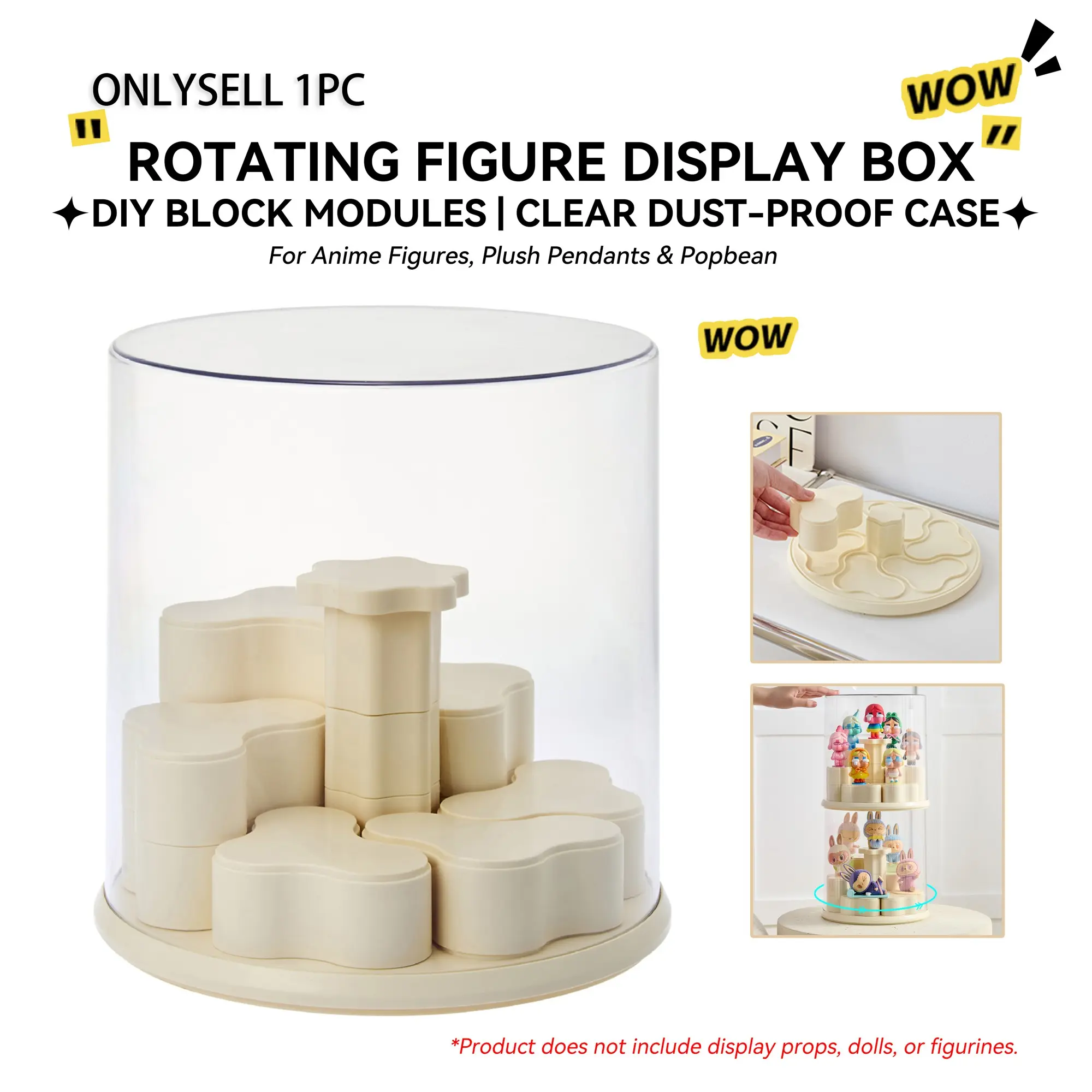 Figurine Display Storage Box with DIY Modular Rotating Display Blocks, Rotating Base, Transparent Clear Dust Cover, Stackable Cabinet for Anime Pop Mart Labubu Figures, Pop Bean, Watches & Jewelry, Bobbleheads, Pop Pendant, Figure Decor
