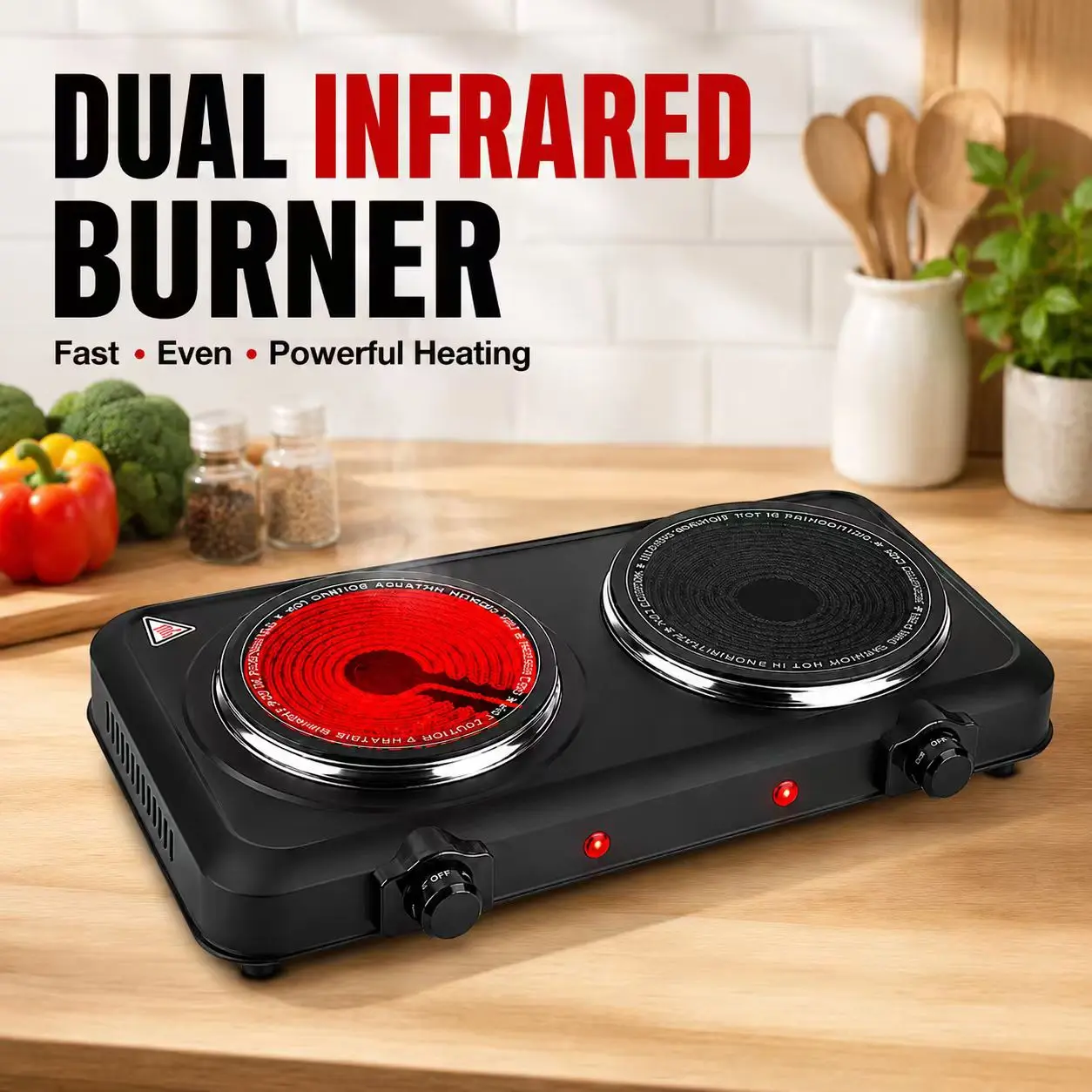 Portable Infrared Cooktop, 110V US Plug 1800W (1000W+800W) Freestanding Dual Burner, Minimalist Glass Top Easy-Clean Lightweight Iron Shell Electric Hot Plate, 2112g 46.5x27x8.5cm/50x33x10cm Rectangular Small Size Fast Heating for Campers, Corded