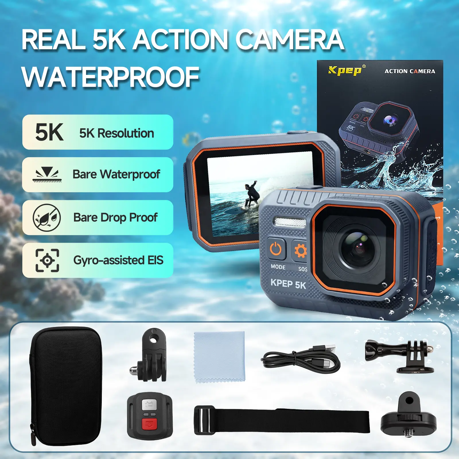 KPEP Real 5K Action Camera, 1/2.86" Sensor, 5K Cinematic Video, Hyper Stabilization, Drop-Proof & Waterproof Up to 100 Ft, Great for Motorcycle, Bike Riding, Running, Climbing, Beach Trips, Water Sports  Daily vlogging camera
