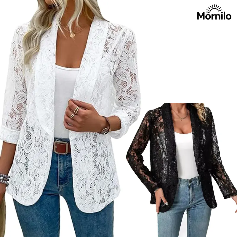 Women's 1PC Open-Front Lace Blazer Cardigan - Elegant Floral, Lightweight Spring-Fall Sports Outerwear, Office Chic, Old Money Quiet Luxury, Evening Outfit, Elegance, Business Casual