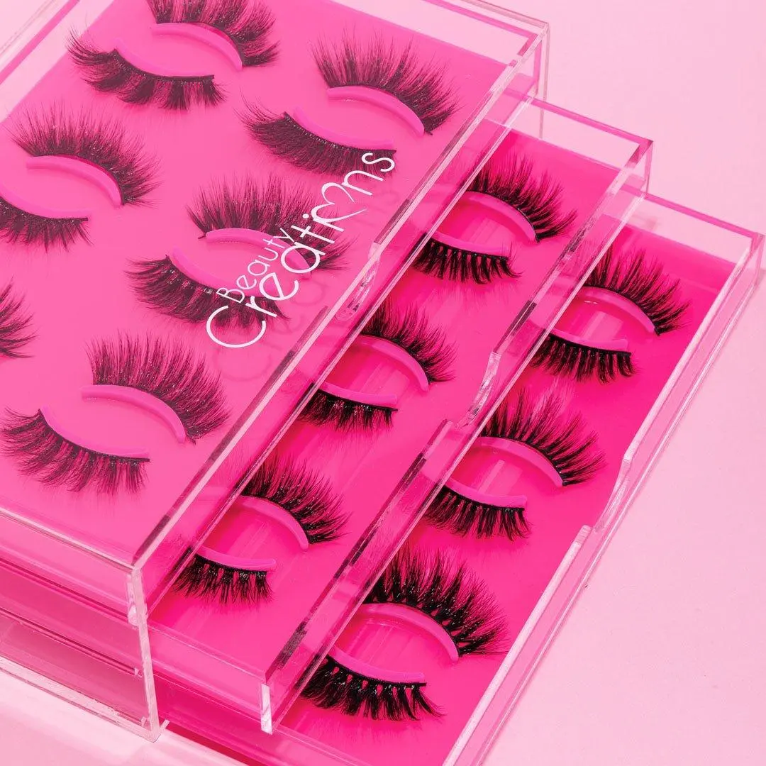 Beauty Creations Eyelash Storage Organizer, 3-Drawer Cosmetic Case for Eyelashes Extensions, Holds 18 Pairs, Hot Pink