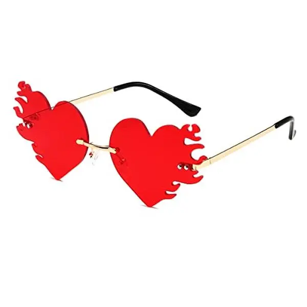 JOVAKIT Fire Heart Shaped Sunglasses for Women Men Vintage Rimless Flame Love Sun Glasses Retro Rave Party Halloween Glasses (Gold/Ocean Red)