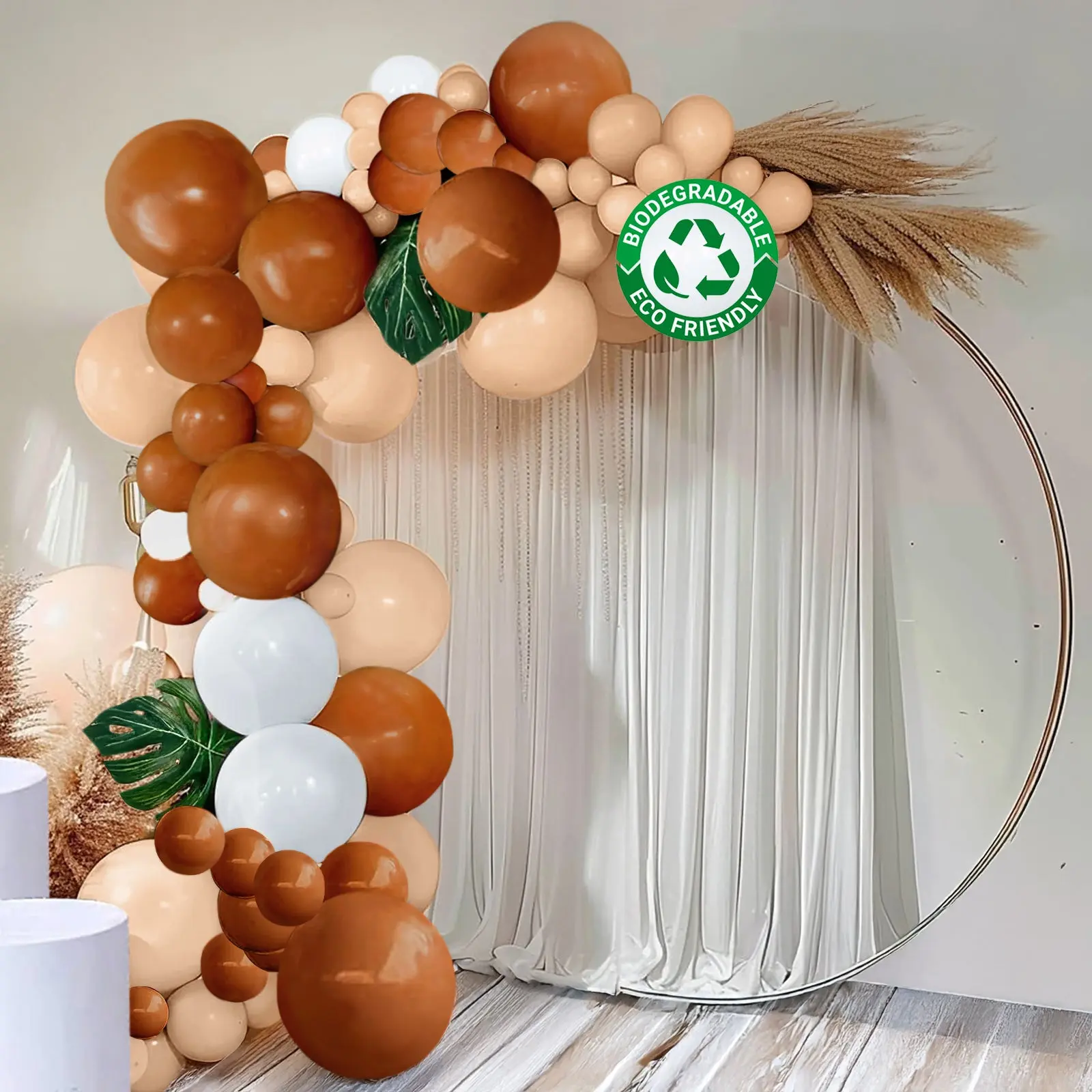 124-Piece Tan Brown Biodegradable Latex Ball Garland Balloons Kit, Boho Chic Double-Layered Extra-Strong Party Decor Arch Set with 10-in Arch Backdrop for Baby Shower, Photo Booth Props, Hanging Decor