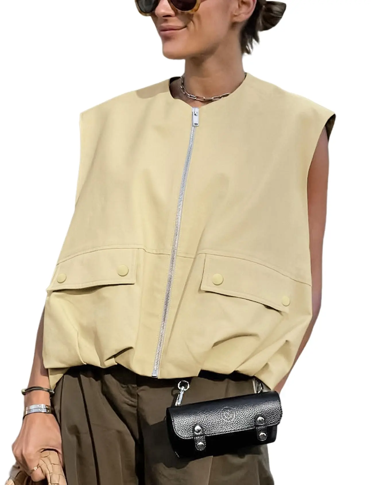 Arssm Women’s Oversized Zip Up Cargo Vest Casual Ruched Hem Sleeveless Blazer Jackets Vest Top with Pockets