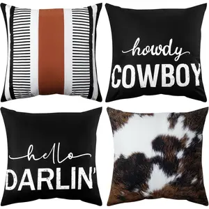 Set of 4 Western Pillow Covers Cowhide Print Throw Pillows Cases 18 x 18 Inch Cowboy Farmhouse Country Decorative for  Couch Bed Sofa Western Decor