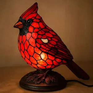 Stained Glass Red Cardinal Bird Table Lamp – Resin Animal Decor, Unique & Quirky Accent Piece for Home