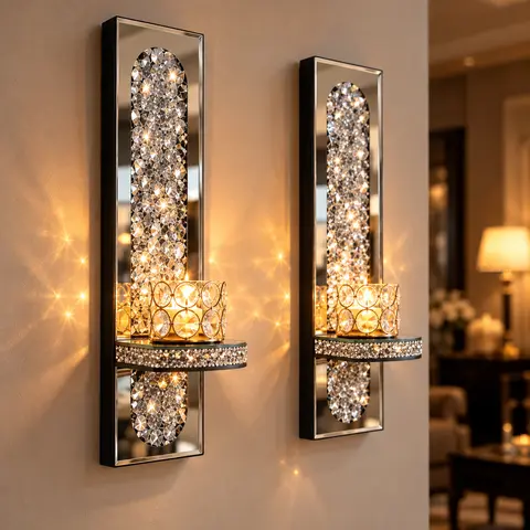 2-Piece Crystal Mirror Bow Wall-Mount Candelabra Candle Holders - Glass House Decor, Christmas Decor, Birthday & Daily Room Accent for Anniversary Events, Living Room Enhancements