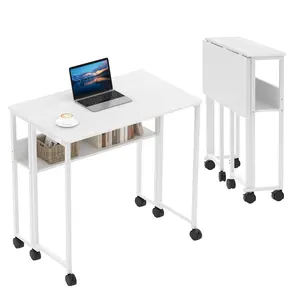 31.5" Folding Desk Rolling Desk with Storage Shelf,Space-Saving Foldable Computer Desk with Wheels,Portable Mobile Couch Sofa Side Table for Small Spaces, Home Office, Study, Easy Assembly,white