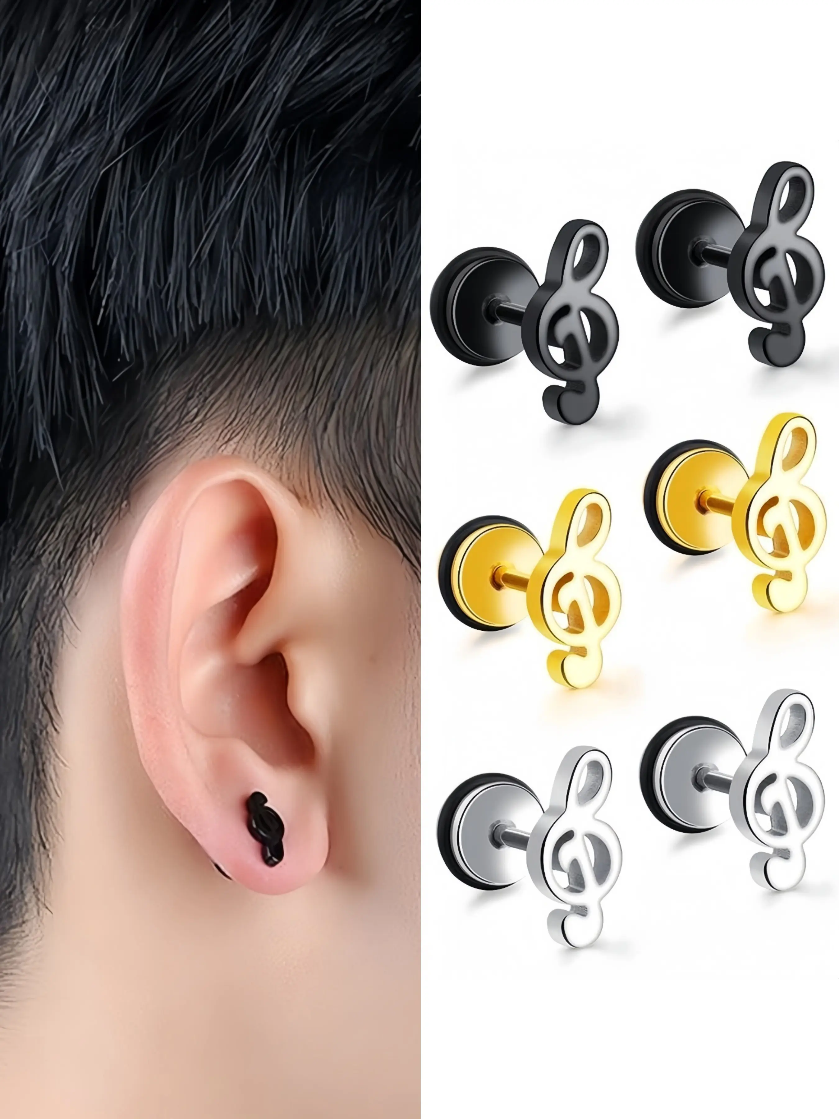 Fashion Music Stainless Steel Stud Earrings with Note Design, Hypoallergenic Ear Piercing Jewelry for Men & Women, Unique Gift Idea