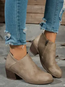 Women's Fashion Zipper Short Boots Square Toe, Spring Summer PU Leather Design, Breathable Comfortable Daily Wear, New Autumn Style