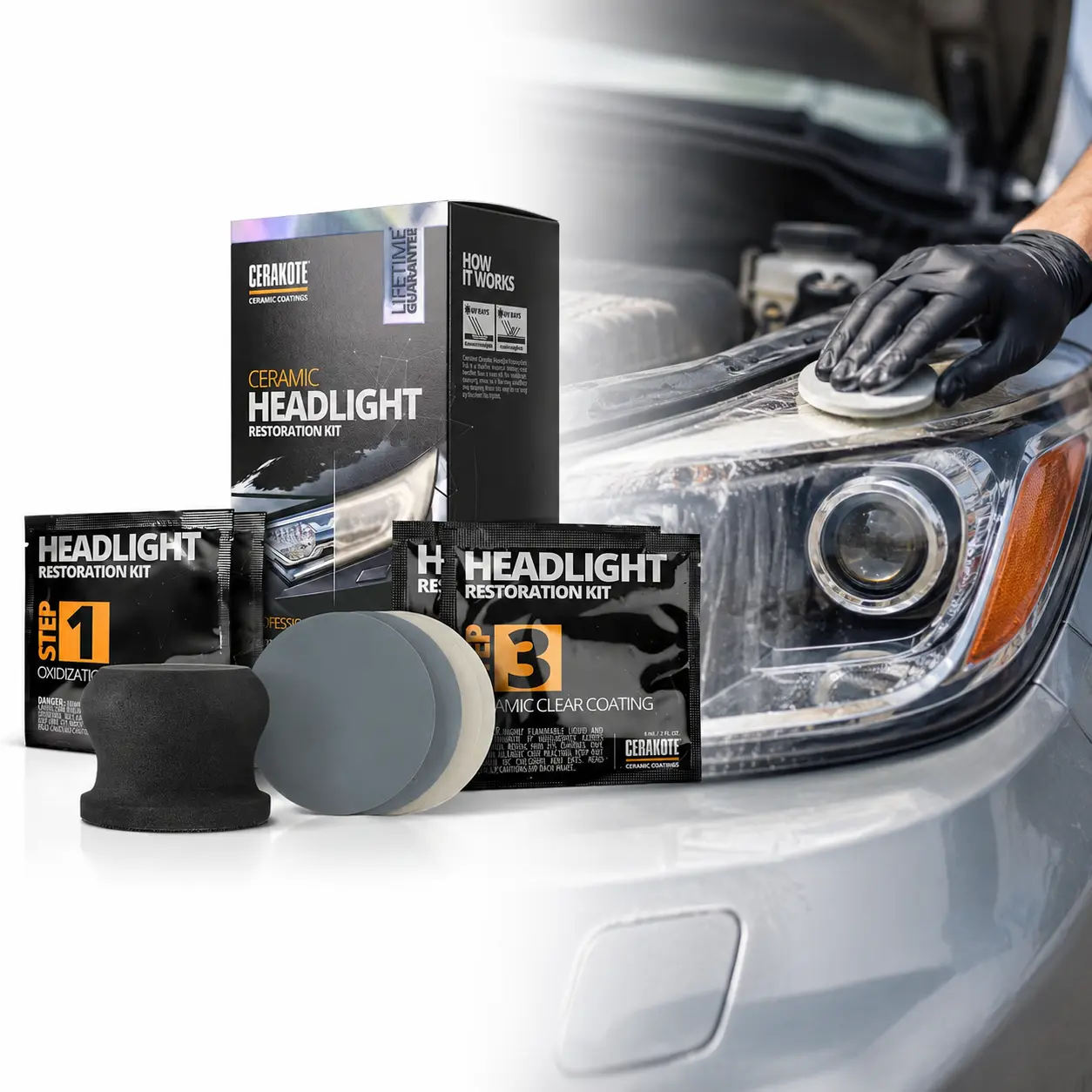 CERAKOTE Headlight Restoration Kit,ceramic coating,UV protection,no tools,3-step process,oxidation wipes,sanding kit,coating wipes,yellow headlights,cloudy lenses,hazy headlights,clear lenses,night visibility,plastic lenses,DIY car care,auto detailing,SUV