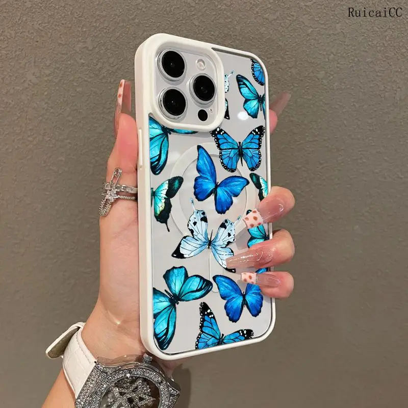 Premium Magnetic Case for iPhone11/12/13/14/15/16/promax Blue butterfly collage y2k cased MagSafe Ready, Anti-Fall, Springtok and Ultra-Thin Design |   Perfect for Everyday Use Protector Screen Protector Aesthetic Resistance