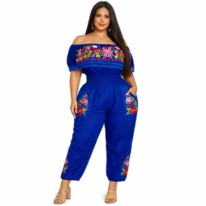 Campesino Embroidered Jumper Off-the-Shoulder Jumpsuit Floral Design Women's 100% Cotton Elastic Waist Pockets Black Pink Beige Blue Romper Everyday Fashion Bohemian Style