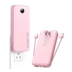 Ultra-Thin 12,000mAh Portable Charger with Built-in Cables & AC Plug - 22.5W USB Fast Charging Power Bank, Smart LED Display, Compact Travel Essential for iPhone, iPad, Samsung Galaxy, Android Phones & More