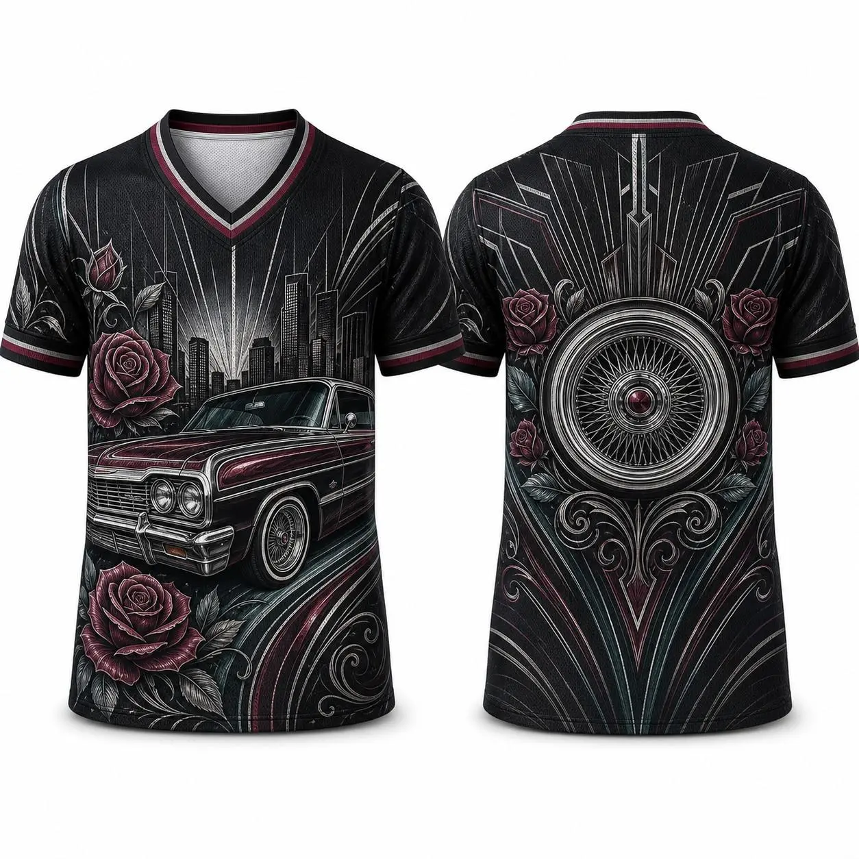 Unisex Mexican Independence Day Chicano Lowrider Theme Short Sleeve Mesh Fabric All-Over Print V-Neck Athletic Jersey, Cultural Streetwear Short Sleeve Top