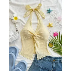 Stylish Solid Color Sweet Fit Summer Women’s Tie Shoulder Front Twisted Split Top GARMENTARY