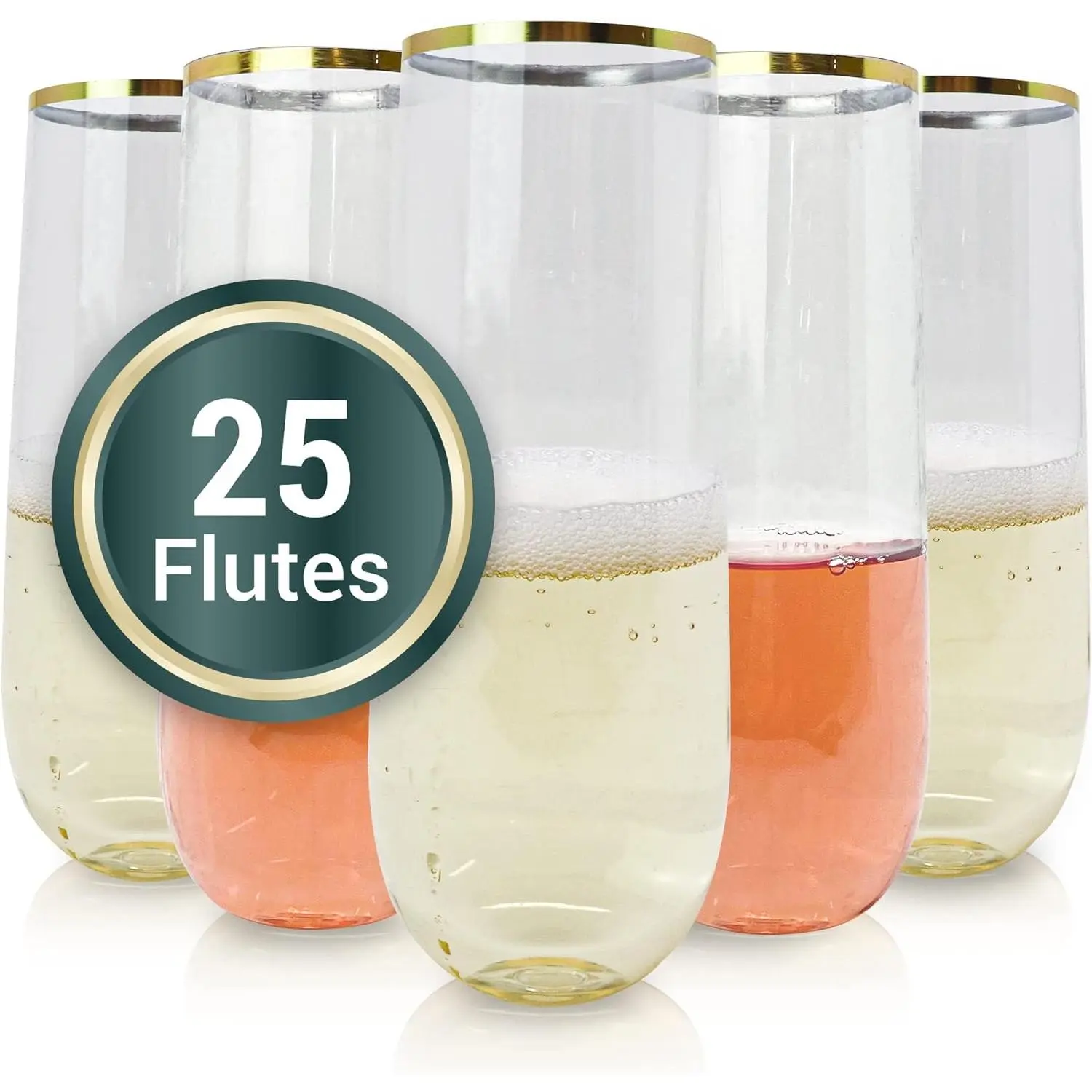 Champagne Flutes Plastic | 25 Pack | 9 oz -  Rim Clear | Stemless  Plastic Champagne Flutes | Party- for Celebrations