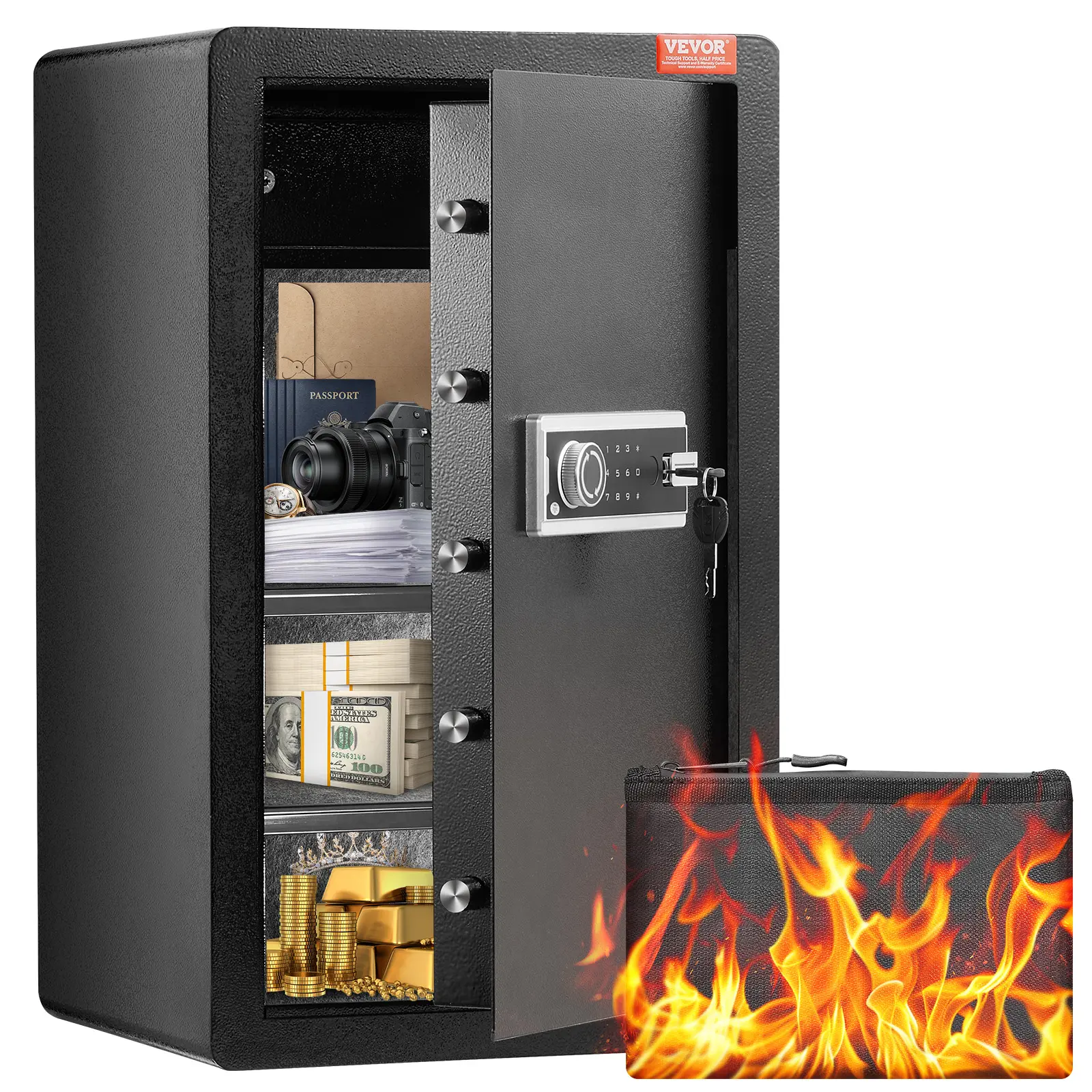 【Summerfinds】VEVOR 4.0 cu.ft Single Door Home Security Safe Box - Anti Theft Digital Lock Safe with Key LockFireproof BagKey RackLED Light2 Shelves1 Cabinet for MoneyDocumentsJewelryBlack, Anti Theft Safes
