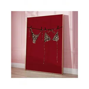 Cherry Red Leopard Wall Art Bikini Print Apartment Decor, Funky Wall Art Retro Poster Dorm Prints Aesthetic Wall Art Fashionable Home Decor Canvas Painting Posters And Prints Wall Art Pictures For Living Room Decoration