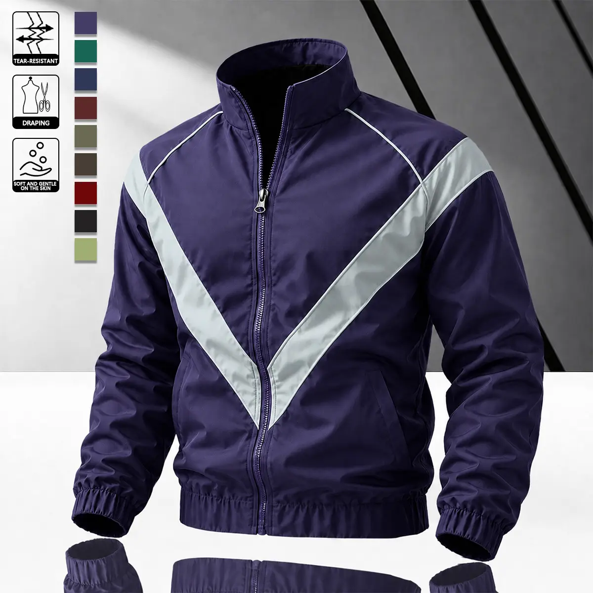 Men’s purple vintage windproof jacket featuring white V-shaped contrast lines, a stand collar design, a full zip front, elastic cuffs and hem, side pockets, sporty casual styling, and all-season everyday wear.