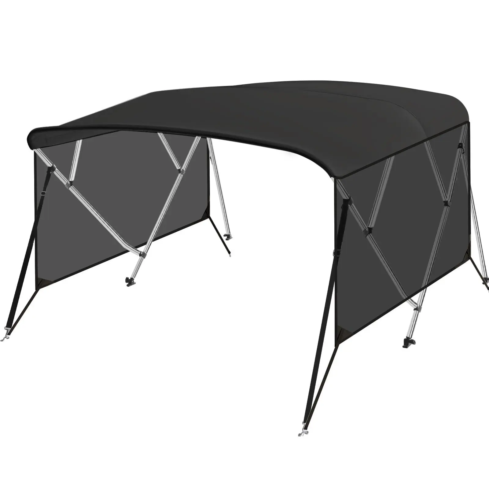 GAOMON 4 Bow Boat Bimini Top, 8'L*54"H*73"-78"W Sun Protection Canopy with Waterproof PU Coated Canvas, 1" Aluminum Frame, Zippered Light Transmission Side Curtains, 2 Straps, 2 Rear Support Poles, UV Defense, Quick Setup, Black