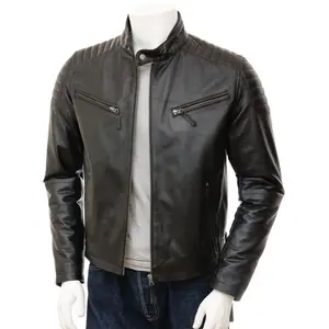 MotorCycleJackets Men's Quilted Shoulder Classic Cafe Racer Motorcycle Jacket